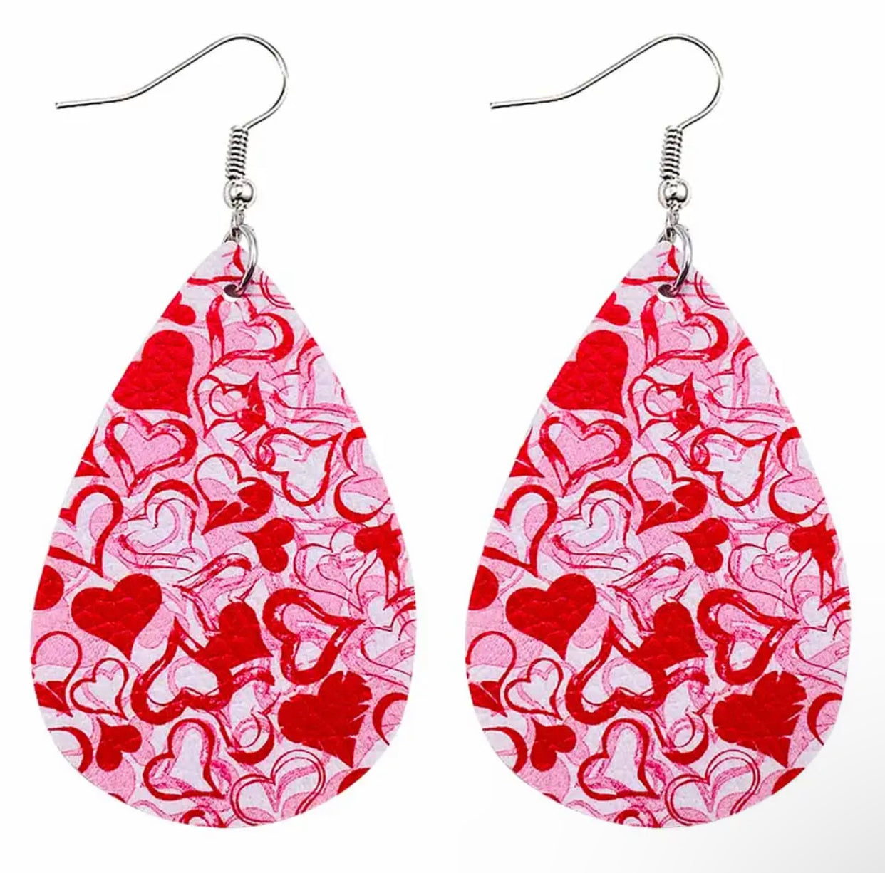 Faux Leather Earrings - Pink Red Heart Teardrops