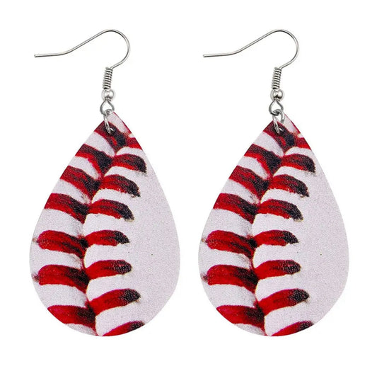 Faux Leather Earrings - Closeup Baseball Teardrops