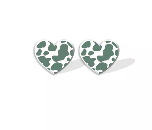 Acrylic Stud Earrings - Green Cow Heart