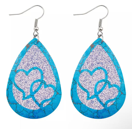 Faux Leather Earrings - Teal Marble Glitter Heart Teardrops