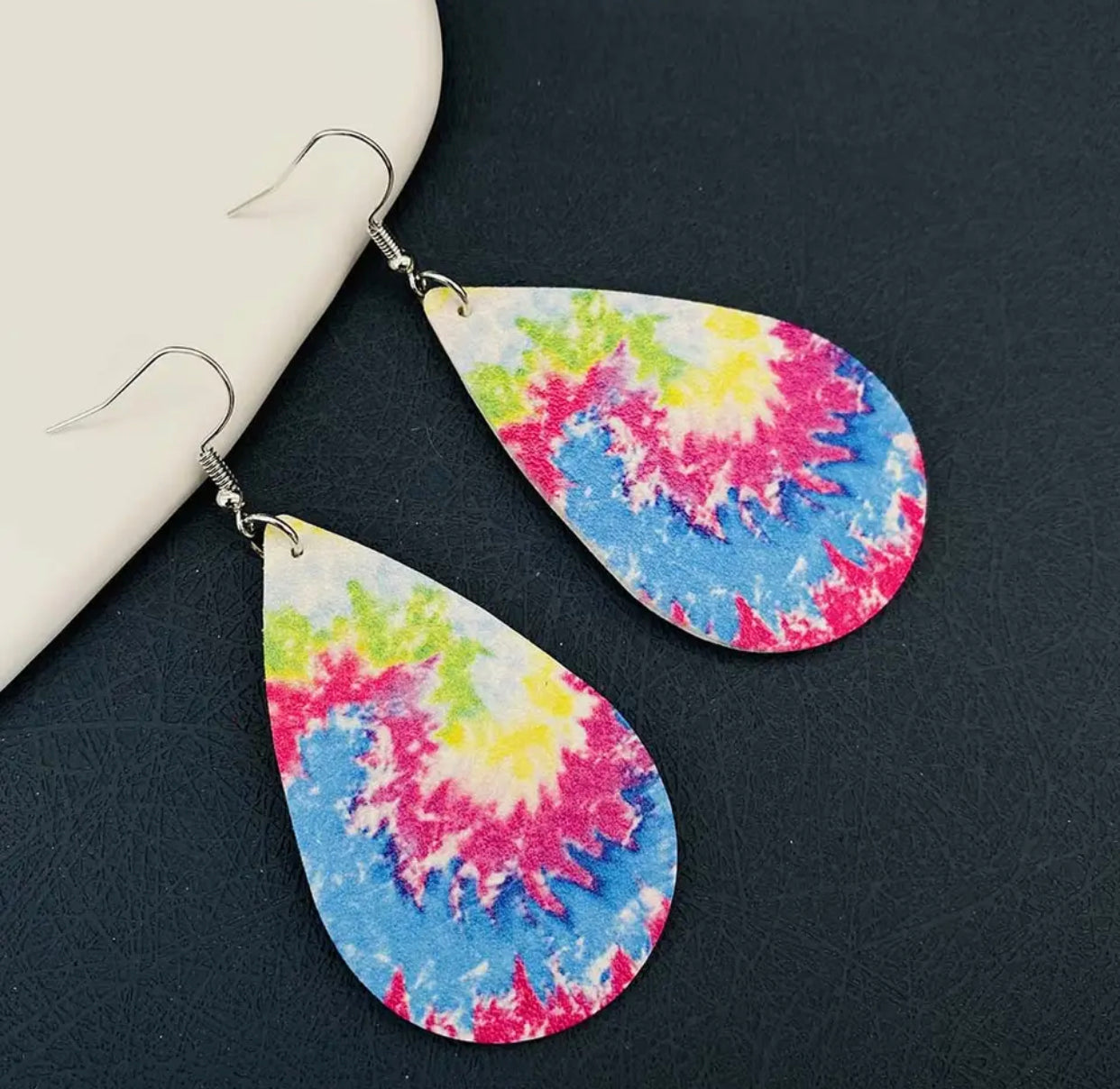 Faux Leather Earrings - Tie Dye Swirl Teardrops