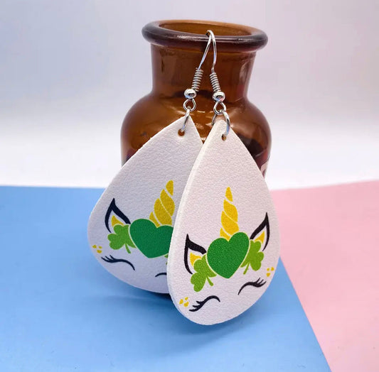 Faux Leather Earrings - Unicorn Clover Teardrops