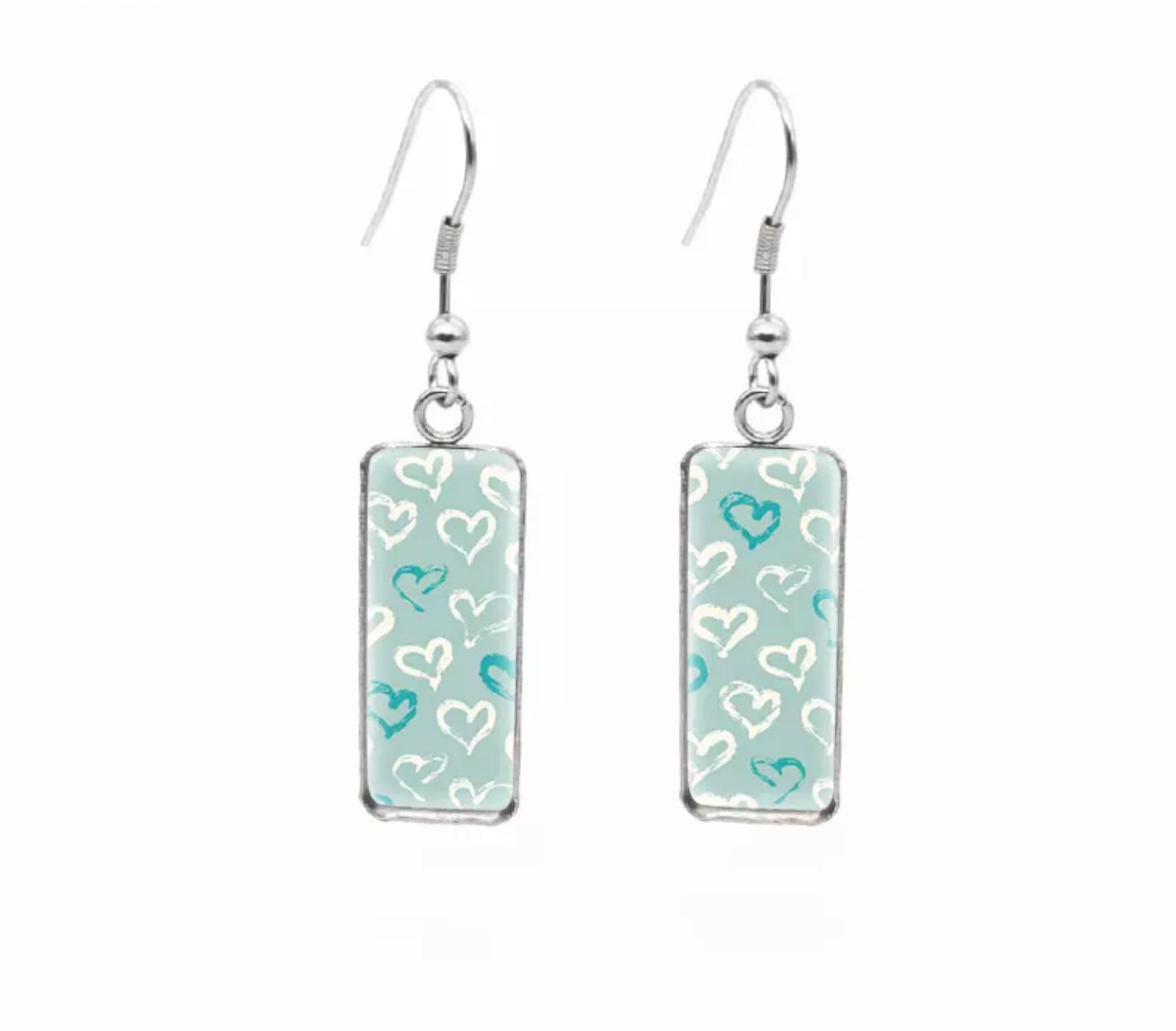 Glass Dome Hook Earrings - Mint Heart