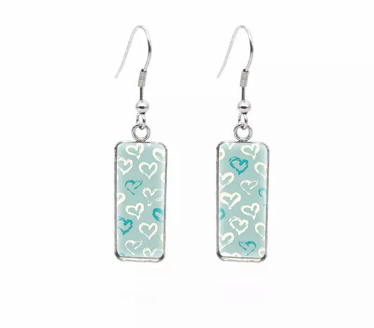 Glass Dome Hook Earrings - Mint Heart