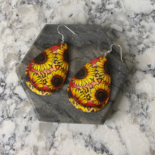 Faux Leather Earrings - Pink Animal Print Sunflower Teardrops