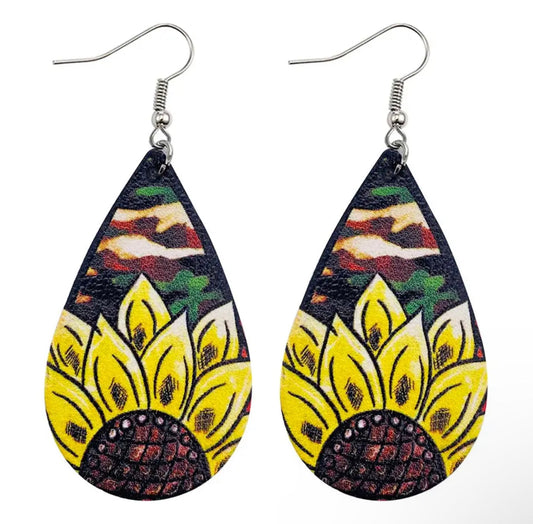 Faux Leather Earrings - Sunflower Camo Teardrops