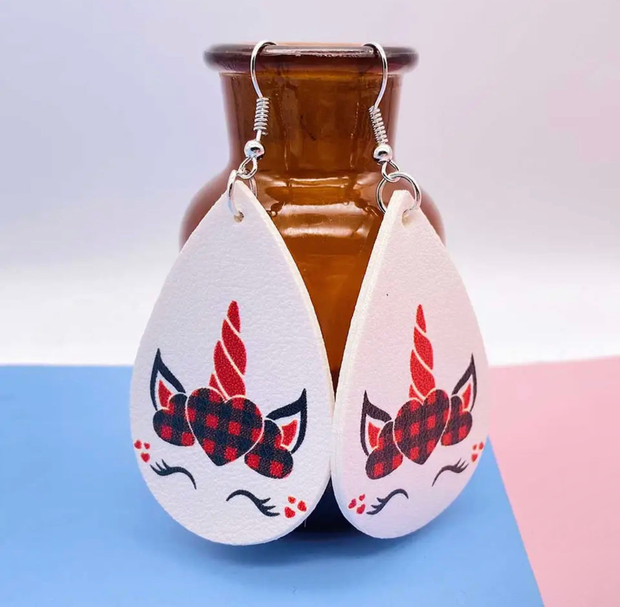 Faux Leather Earrings - Unicorn Heart Teardrops