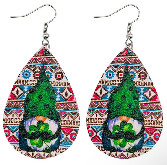 Faux Leather Earrings - Aztec Clover Gnome Teardrops