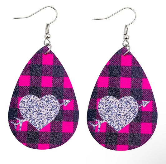 Faux Leather Earrings - Pink Plaid Heart Teardrops