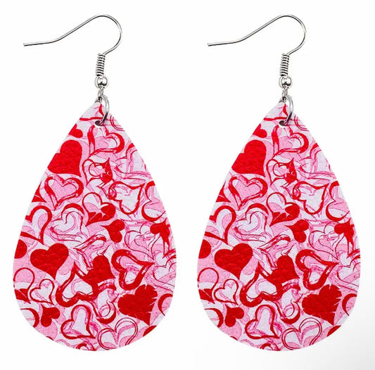 Faux Leather Earrings - Pink Red Heart Teardrops