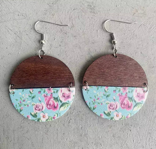 Faux Leather Earrings - Half Wood Blue Floral