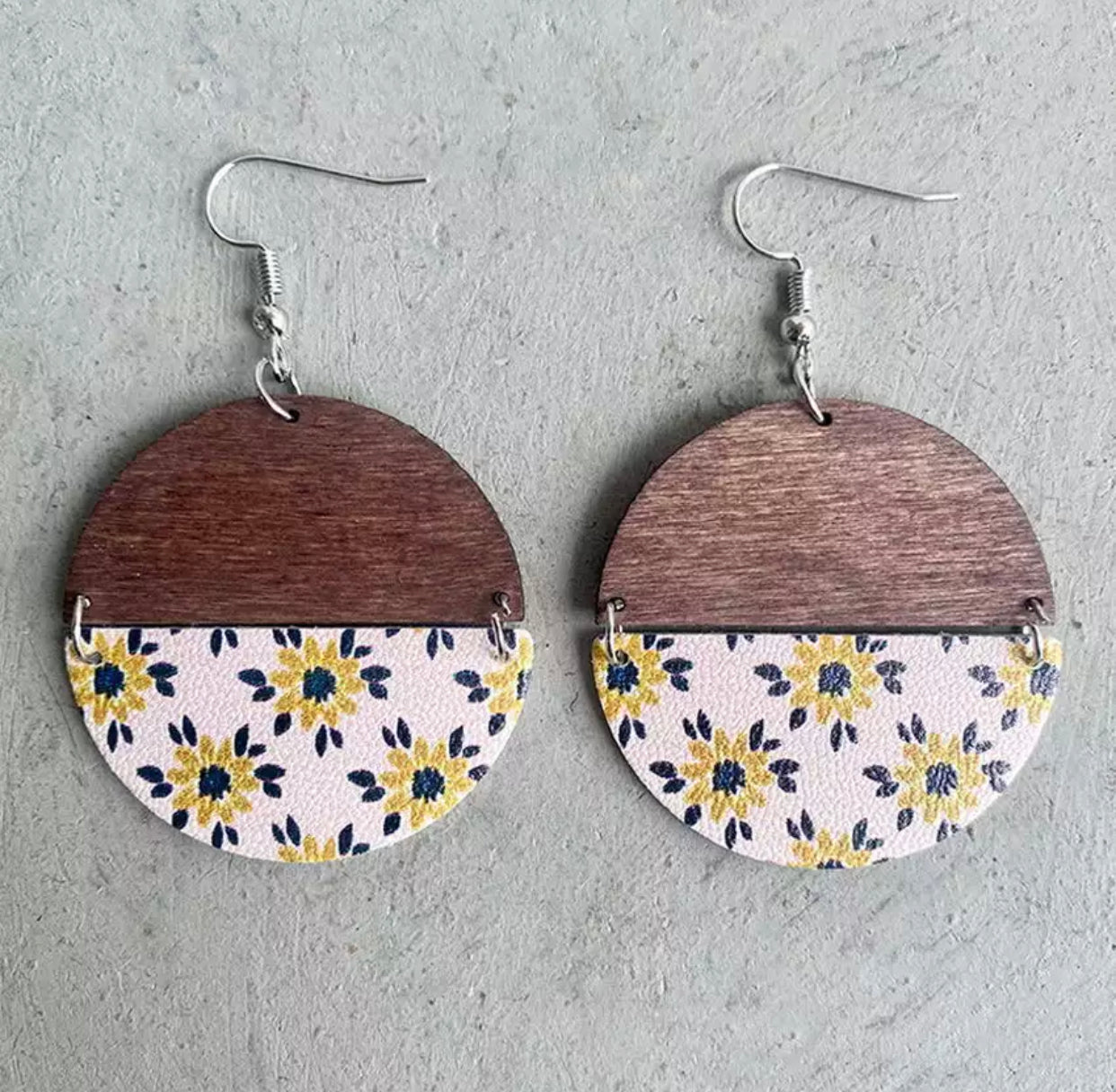Faux Leather Earrings - Half Wood Pink/Navy Flower