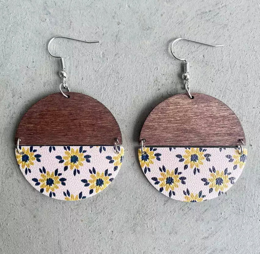 Faux Leather Earrings - Half Wood Pink/Navy Flower