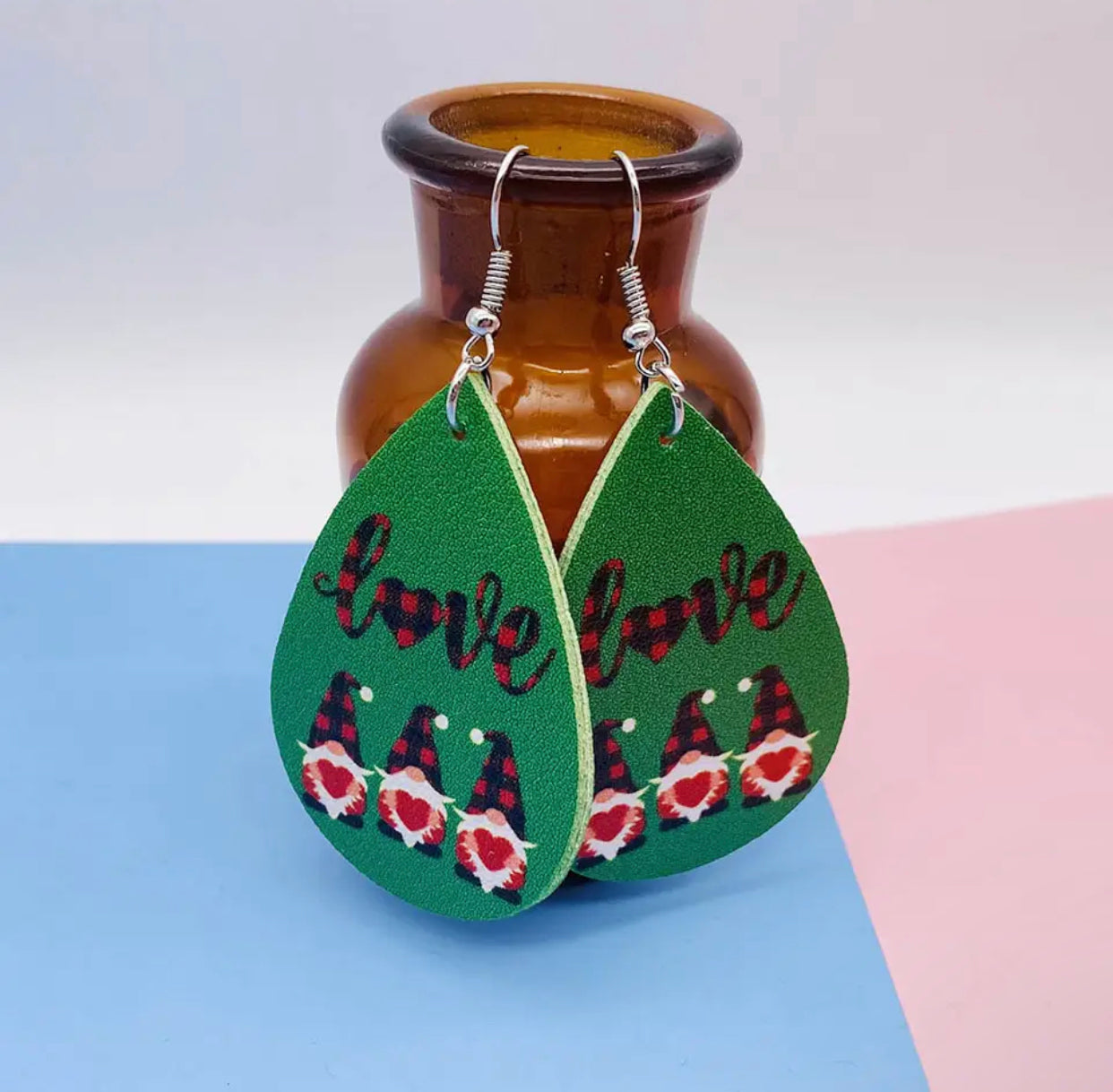 Faux Leather Earrings - Love Plaid Gnome Teardrops