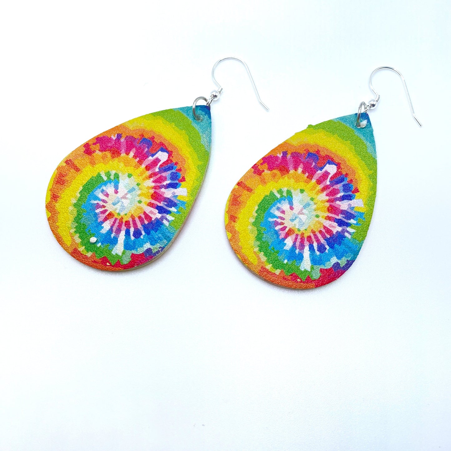 Faux Leather Earrings - Rainbow Tie Dye Teardrop