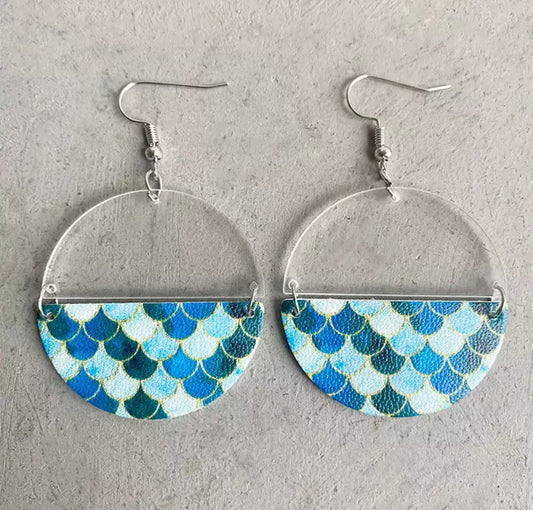 Faux Leather Earrings - Half Acrylic Blue Mermaid